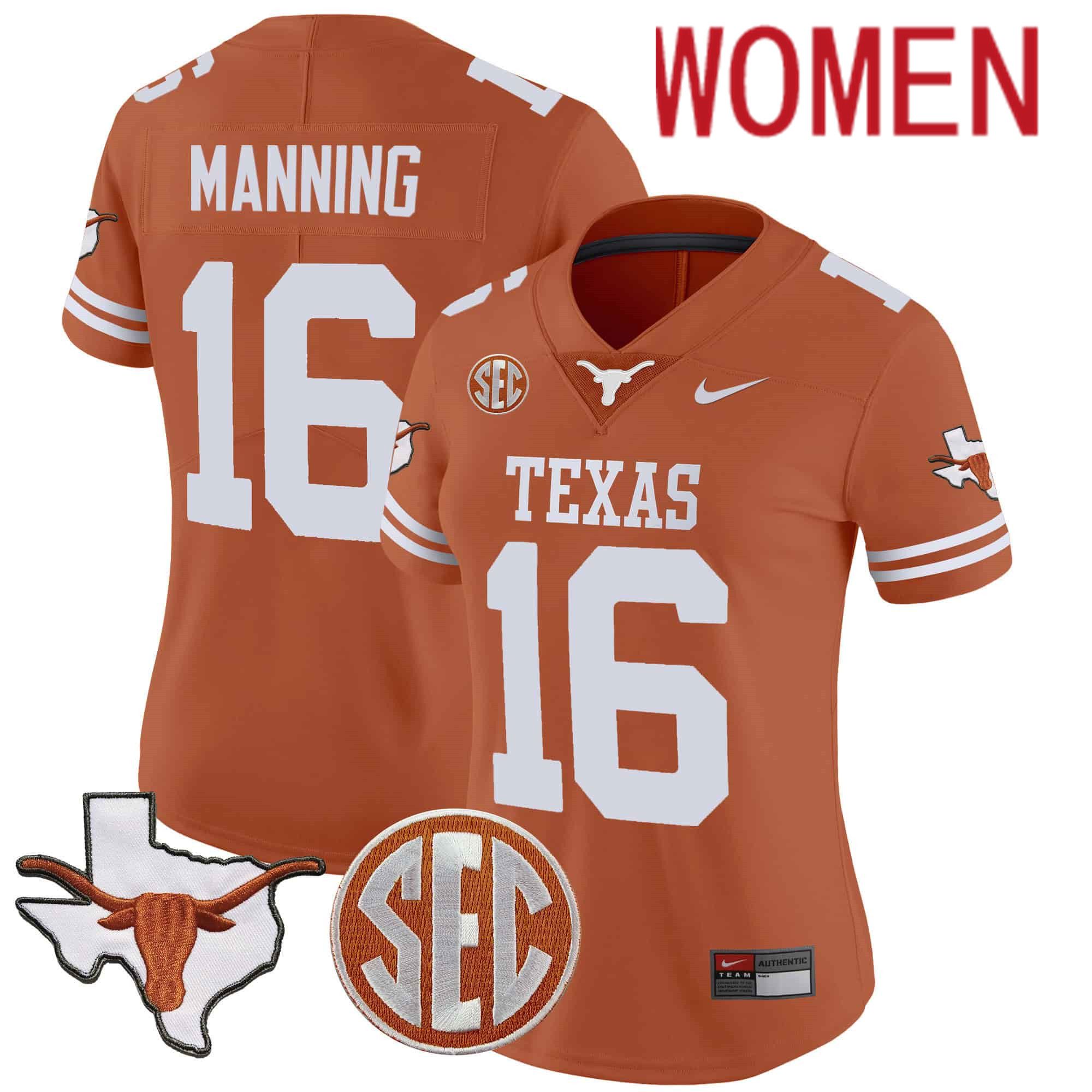 Women Texas Longhorns #16 Manning Orange 2024 Nike State Map & SEC Patch Vapor NCAA Jersey style 1
